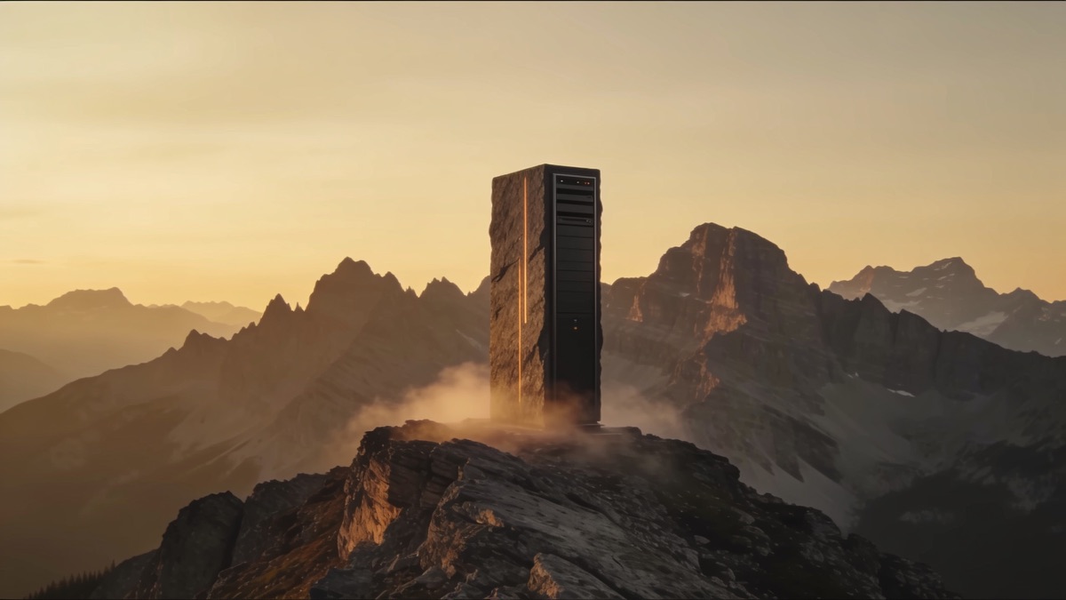 A tall dark stone monolith with a server-rack face and a thin warm light line, on a mountain ridge at golden dusk